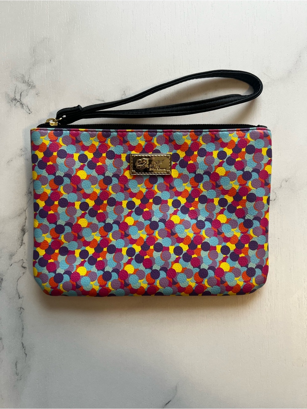 Betsey Johnson Multicolor Dot Print Wristlet with Black Strap